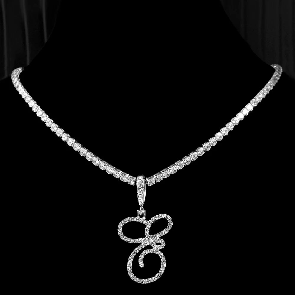 Gold & Silver Cursive Letter Pendant Necklace – CZ Rope Cuban Chain for Women