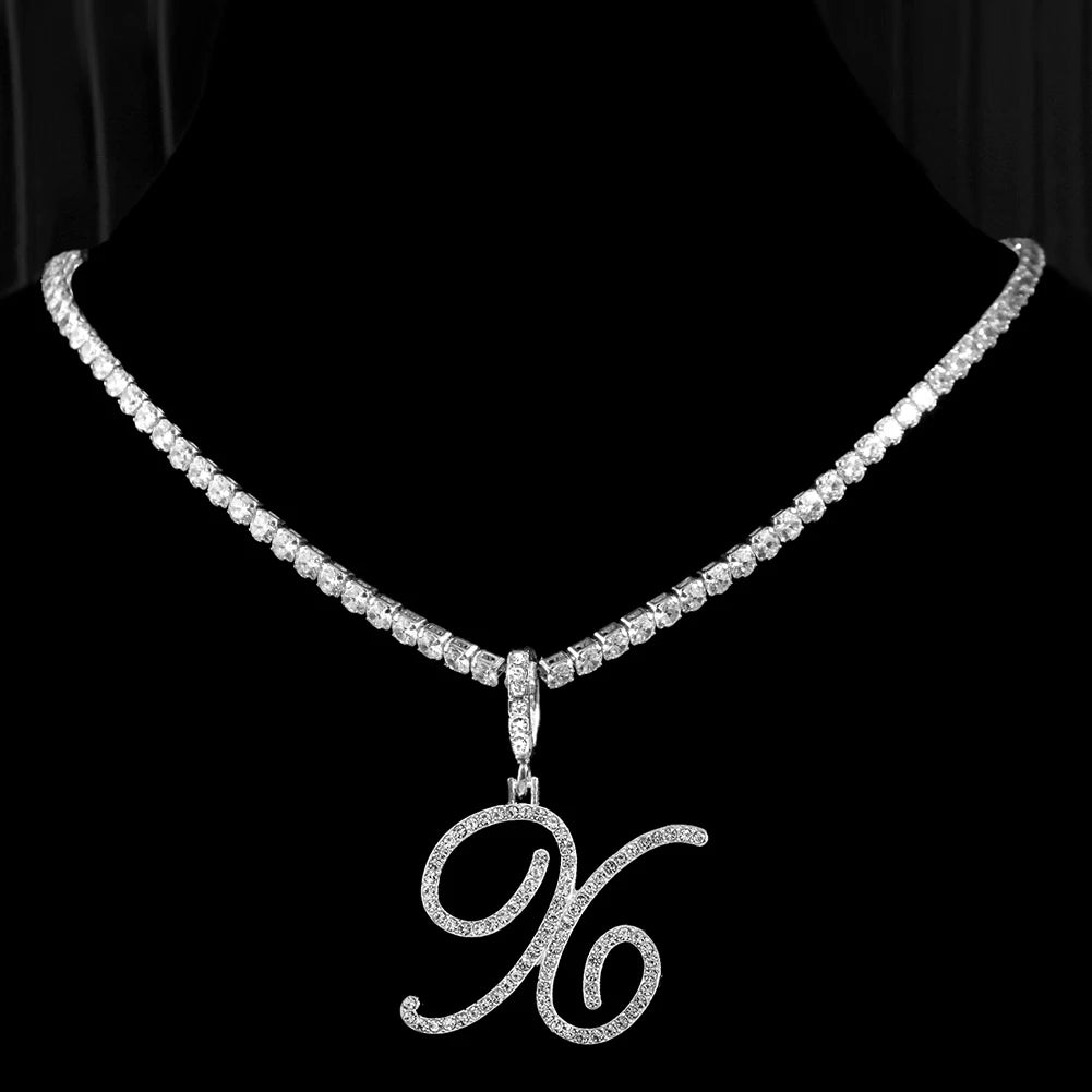 Gold & Silver Cursive Letter Pendant Necklace – CZ Rope Cuban Chain for Women