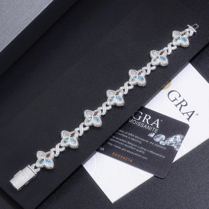 19mm Moissanite Clover Chain Bracelet - 925 Sterling Silver | White Gold Plated