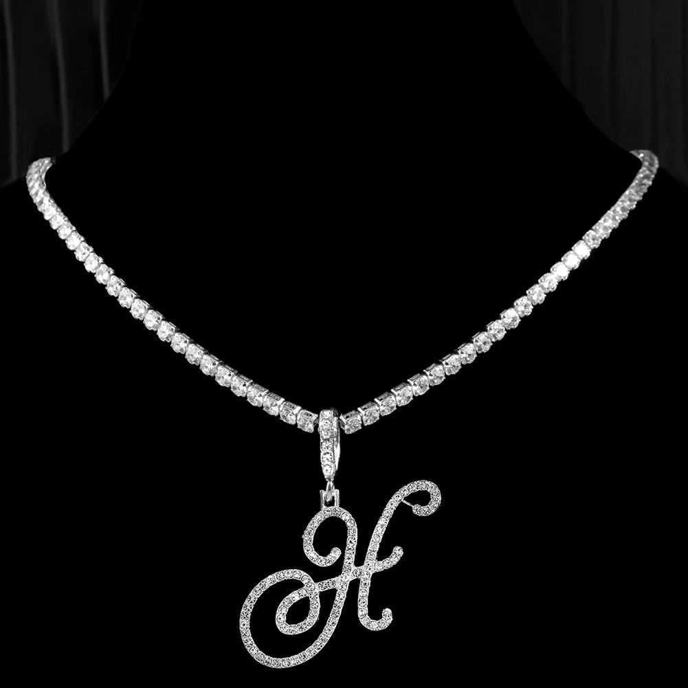 Gold & Silver Cursive Letter Pendant Necklace – CZ Rope Cuban Chain for Women