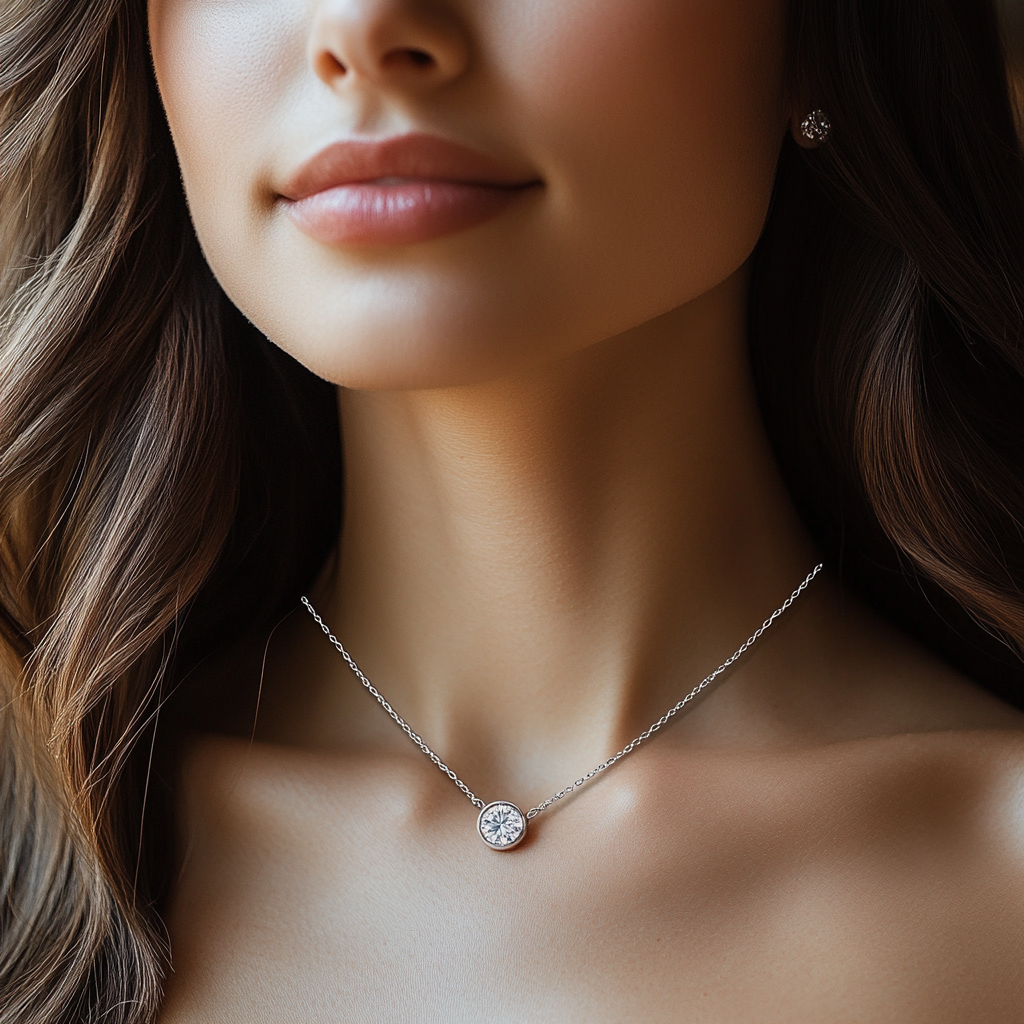 A young lady elegantly wearing a sparkling Moissanite necklace, showcasing timeless style and sophistication.