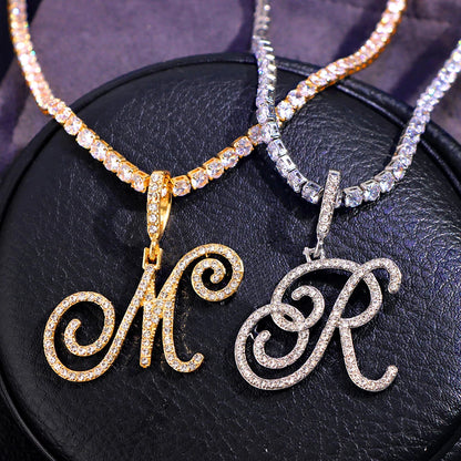 Gold & Silver Cursive Letter Pendant Necklace – CZ Rope Cuban Chain for Women