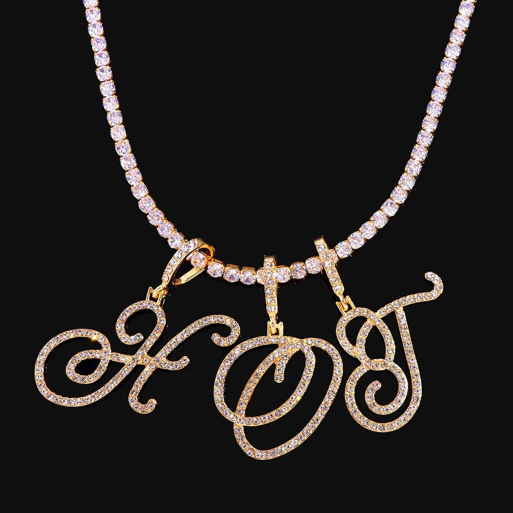 Gold & Silver Cursive Letter Pendant Necklace – CZ Rope Cuban Chain for Women