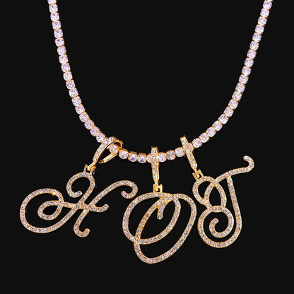 Gold & Silver Cursive Letter Pendant Necklace – CZ Rope Cuban Chain for Women