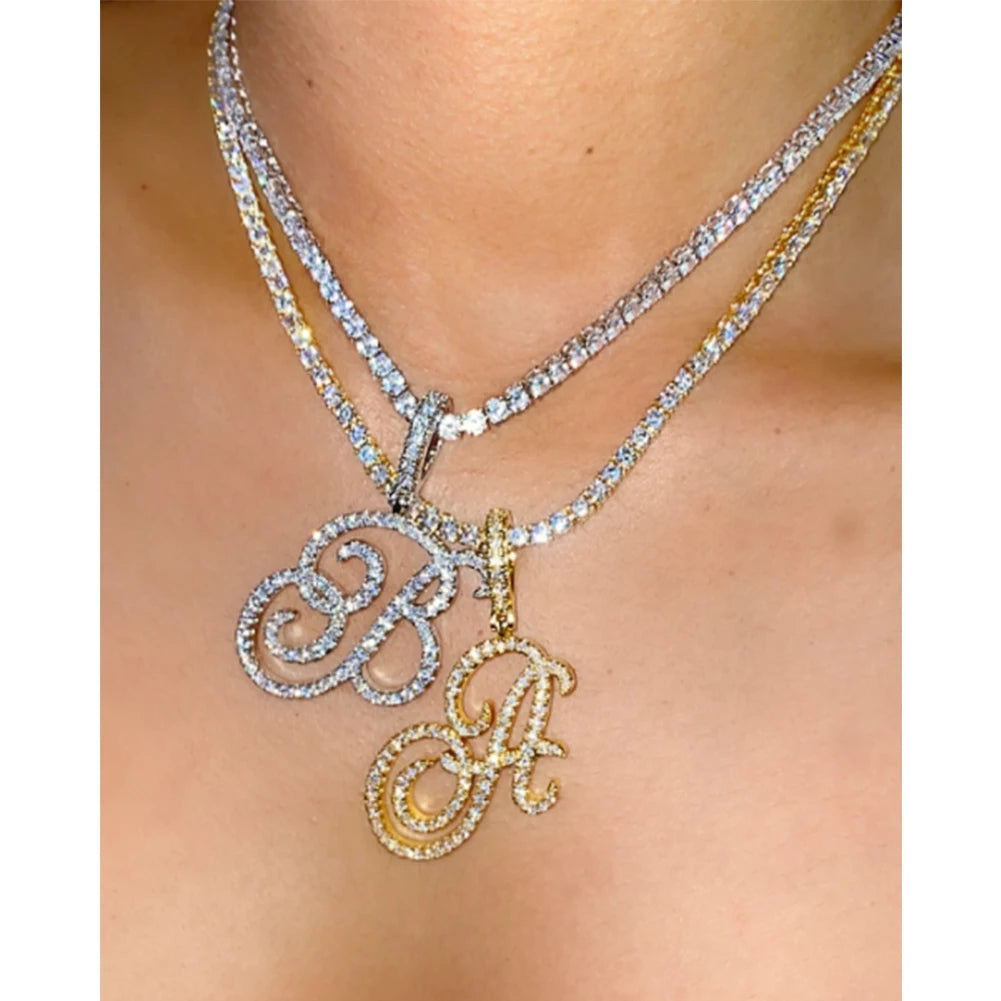 Gold & Silver Cursive Letter Pendant Necklace – CZ Rope Cuban Chain for Women