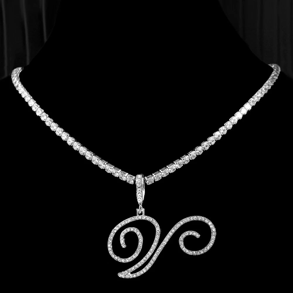 Gold & Silver Cursive Letter Pendant Necklace – CZ Rope Cuban Chain for Women