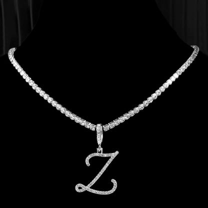Gold & Silver Cursive Letter Pendant Necklace – CZ Rope Cuban Chain for Women