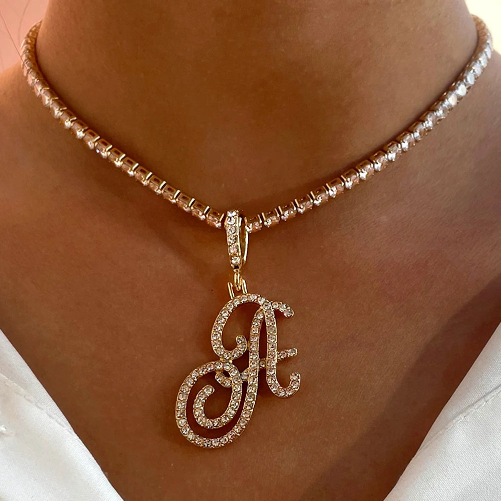 Gold & Silver Cursive Letter Pendant Necklace – CZ Rope Cuban Chain for Women