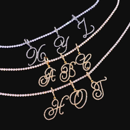Gold & Silver Cursive Letter Pendant Necklace – CZ Rope Cuban Chain for Women