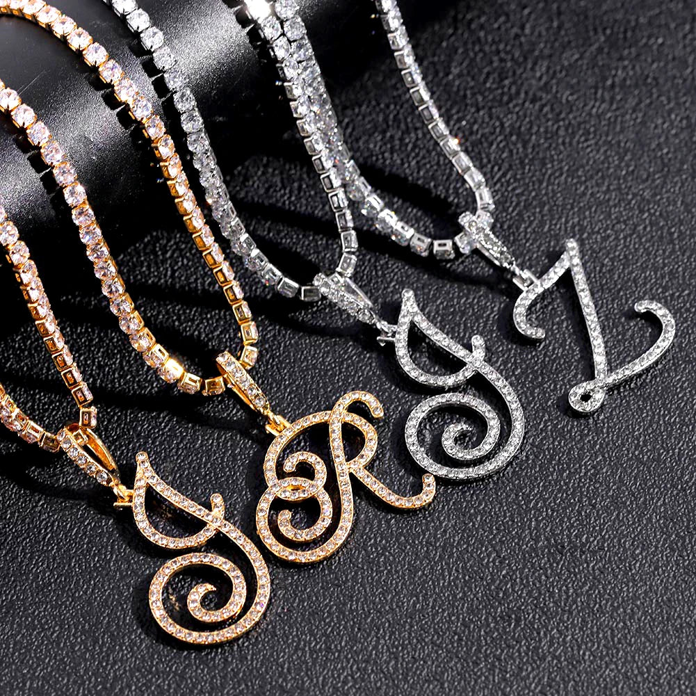 Gold & Silver Cursive Letter Pendant Necklace – CZ Rope Cuban Chain for Women