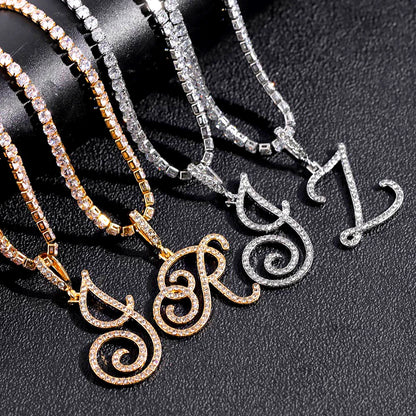 Gold & Silver Cursive Letter Pendant Necklace – CZ Rope Cuban Chain for Women