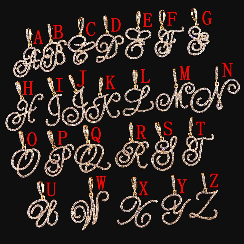 Gold & Silver Cursive Letter Pendant Necklace – CZ Rope Cuban Chain for Women