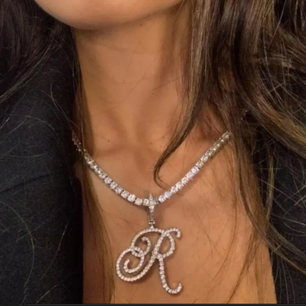 Gold & Silver Cursive Letter Pendant Necklace – CZ Rope Cuban Chain for Women