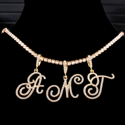 Gold & Silver Cursive Letter Pendant Necklace – CZ Rope Cuban Chain for Women