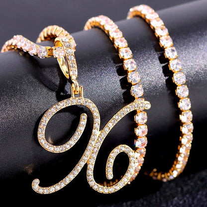 Gold & Silver Cursive Letter Pendant Necklace – CZ Rope Cuban Chain for Women