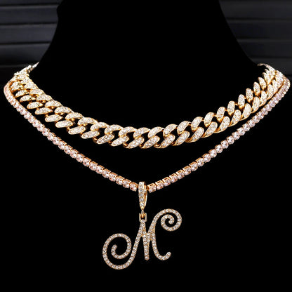 Gold & Silver Cursive Letter Pendant Necklace – CZ Rope Cuban Chain for Women