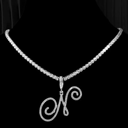 Gold & Silver Cursive Letter Pendant Necklace – CZ Rope Cuban Chain for Women