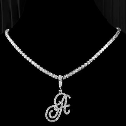 Gold & Silver Cursive Letter Pendant Necklace – CZ Rope Cuban Chain for Women