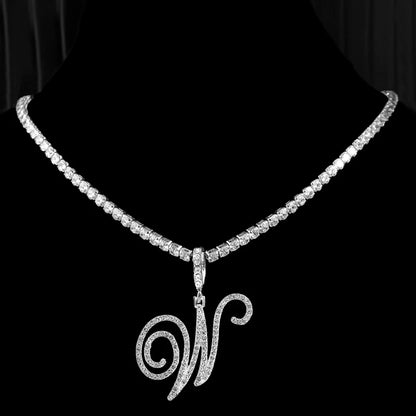 Gold & Silver Cursive Letter Pendant Necklace – CZ Rope Cuban Chain for Women