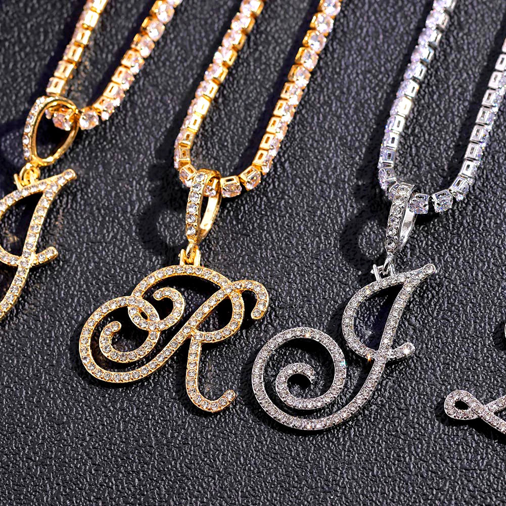 Gold & Silver Cursive Letter Pendant Necklace – CZ Rope Cuban Chain for Women