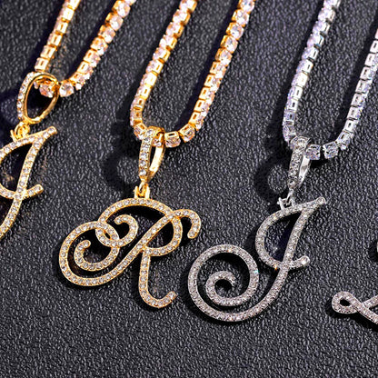 Gold & Silver Cursive Letter Pendant Necklace – CZ Rope Cuban Chain for Women