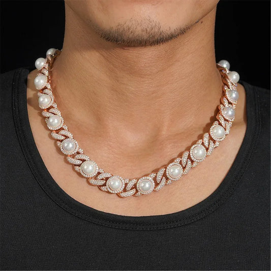 925 Sterling Silver 15mm Moissanite & Pearl Cuban Link Necklace – Iced Out Hip-Hop Chain for Men & Women