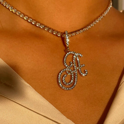 Gold & Silver Cursive Letter Pendant Necklace – CZ Rope Cuban Chain for Women