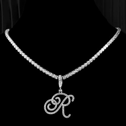 Gold & Silver Cursive Letter Pendant Necklace – CZ Rope Cuban Chain for Women