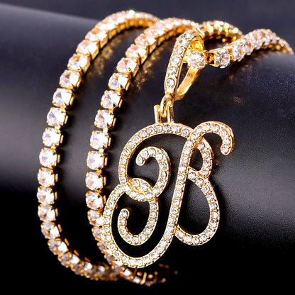 Gold & Silver Cursive Letter Pendant Necklace – CZ Rope Cuban Chain for Women