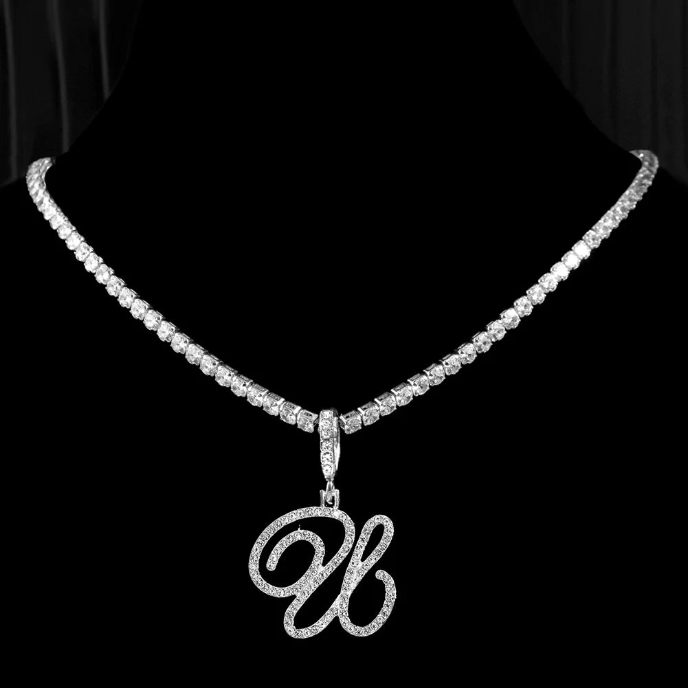 Gold & Silver Cursive Letter Pendant Necklace – CZ Rope Cuban Chain for Women