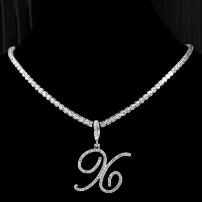 Gold & Silver Cursive Letter Pendant Necklace – CZ Rope Cuban Chain for Women