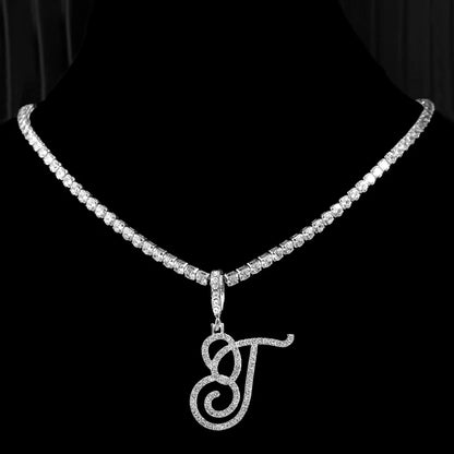 Gold & Silver Cursive Letter Pendant Necklace – CZ Rope Cuban Chain for Women