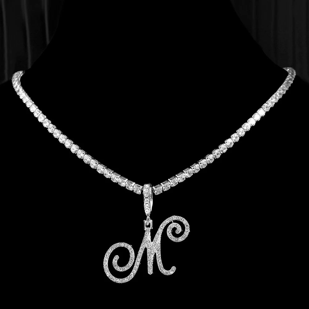 Gold & Silver Cursive Letter Pendant Necklace – CZ Rope Cuban Chain for Women