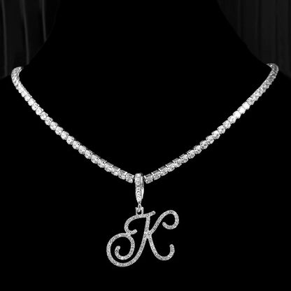 Gold & Silver Cursive Letter Pendant Necklace – CZ Rope Cuban Chain for Women